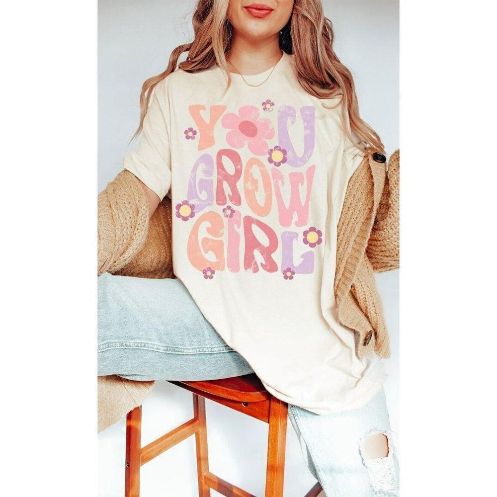 YOU GROW GIRL Retro Hippie Graphic T-Shirt Tee Flower Power Boho S-L Cream NEW